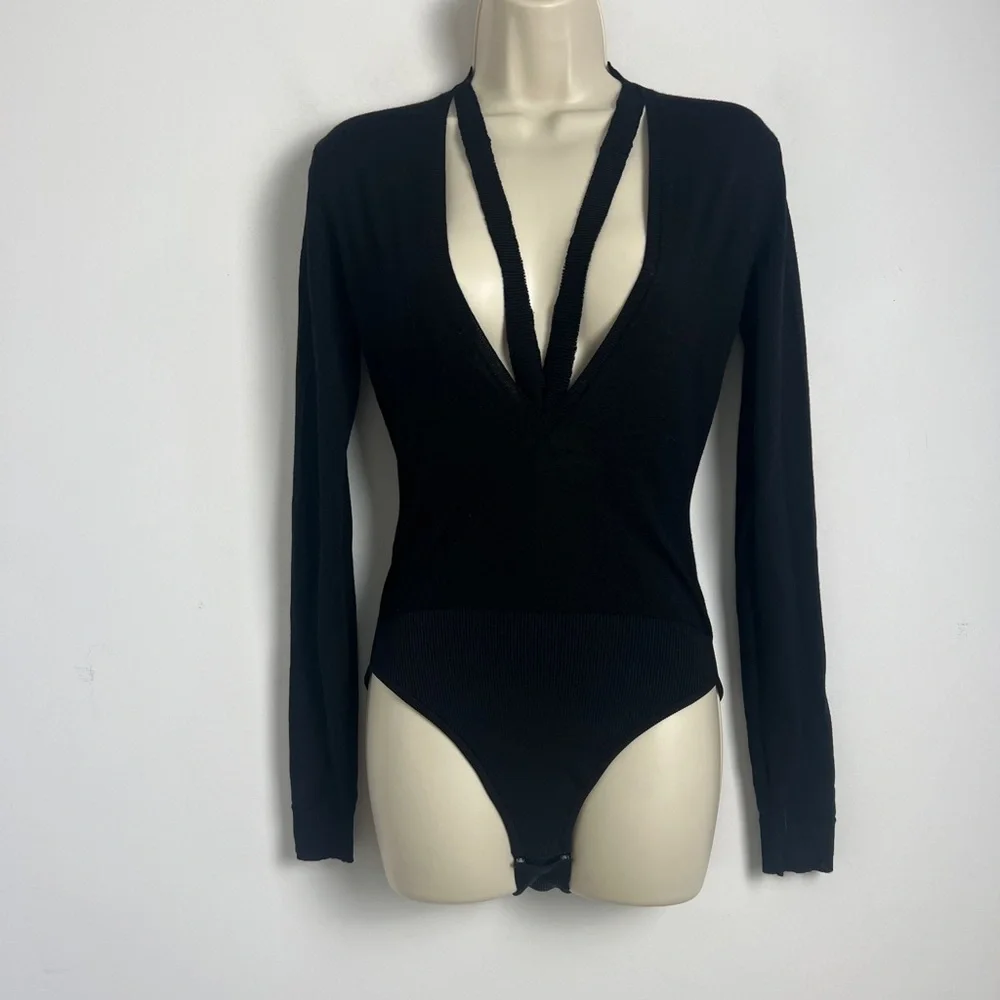 Tory‎ Burch Size XS Black Knit Long Sleeve Deep Plunge Body Suit